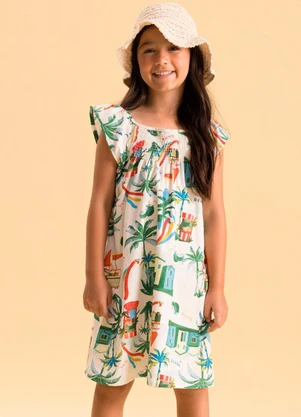 Bugbee - Vestido Infantil Natural Digital Bahia Branco - BUGBEE