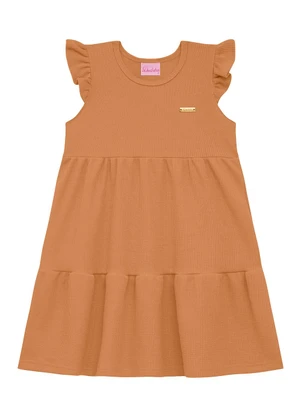 Duduka - Vestido Infantil Plaquinha Manga Franzida  Bege - DUDUKA