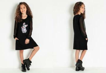 Vestido Infantil Preto com Mangas Longas de Tule