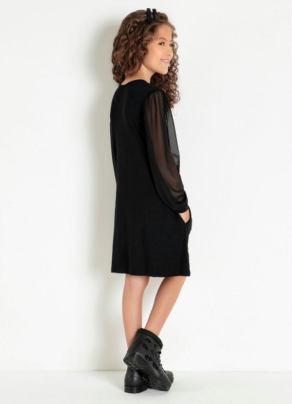 Outlet - Vestido Infantil Preto com Mangas Longas de Tule 2