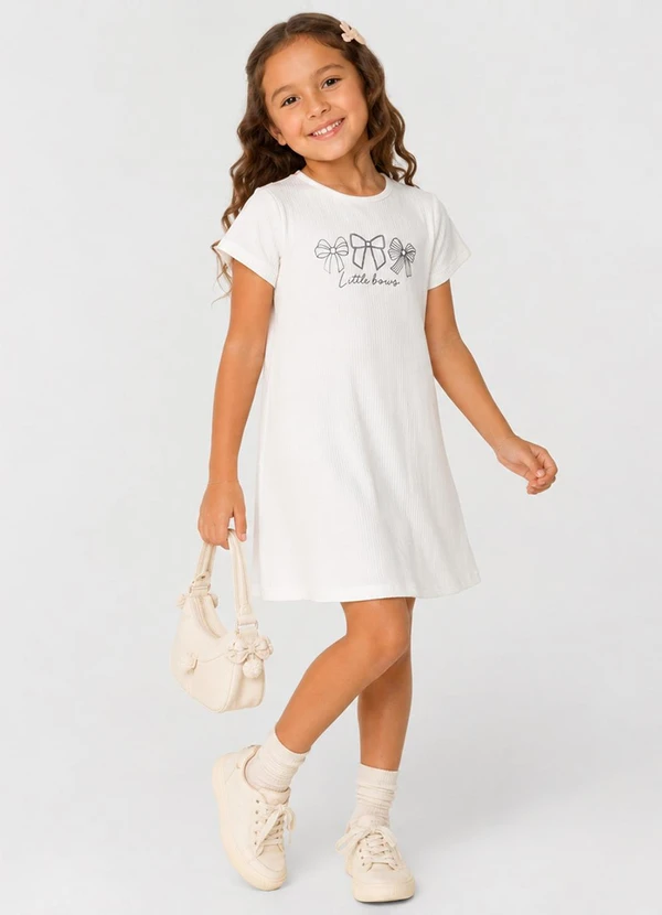 Select - Vestido Infantil Ribana Canelada e Estampa Bege