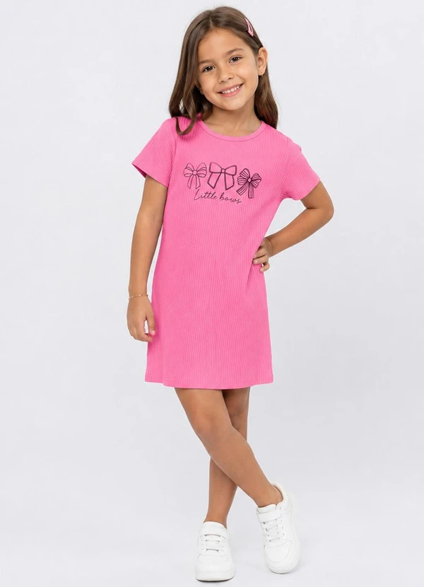 Select - Vestido Infantil Ribana Canelada e Estampa Rosa