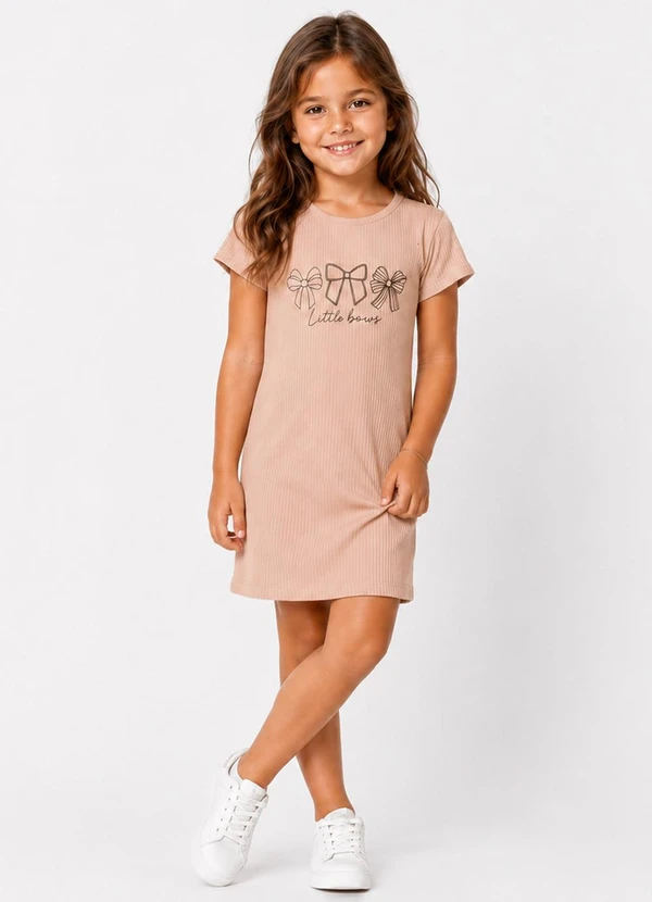 Select - Vestido Infantil Ribana Canelada e Estampa Rosa