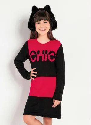 Queima Estoque - Vestido Infantil Rosa Pink e Preto de Tricô - QUEIMA ESTOQUE