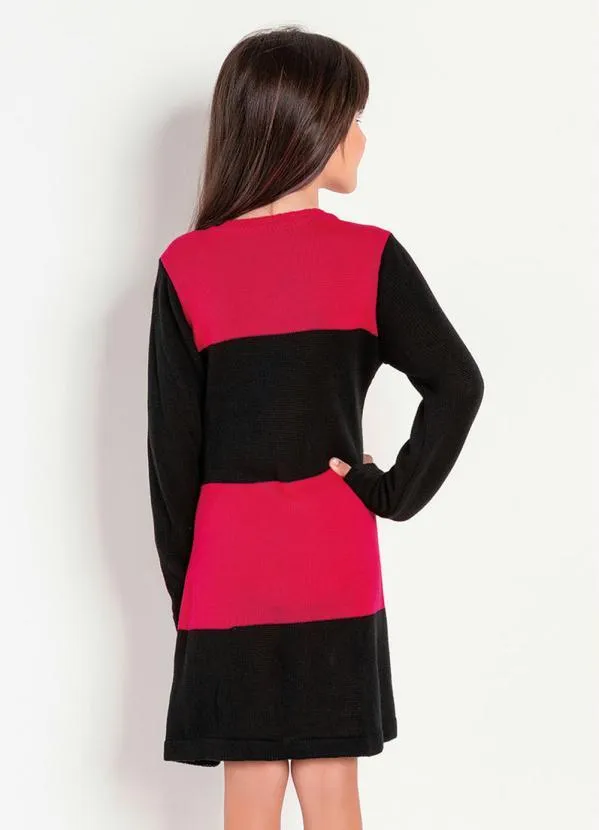 Queima Estoque - Vestido Infantil Rosa Pink e Preto de Tricô 2