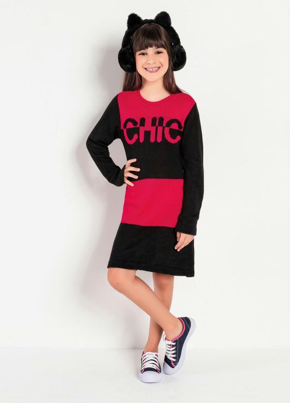 Outlet - Vestido Infantil Rosa Pink e Preto de Tricô 3