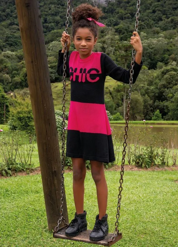 Queima Estoque - Vestido Infantil Rosa Pink e Preto de Tricô 5