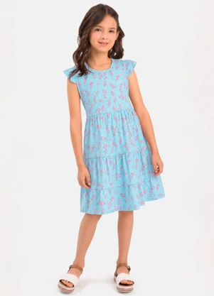 Duduka - Vestido Infantil Rotativo Estampa Folhas  Azul - DUDUKA