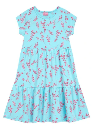 Duduka - Vestido Infantil Rotativo Estampa Folhas  Azul - DUDUKA