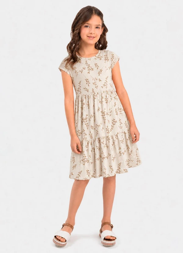 Duduka - Vestido Infantil Rotativo Estampa Folhas Bege