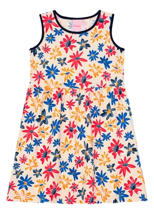 Duduka - Vestido Infantil sem Mangas Estampa Flores  Bege - DUDUKA