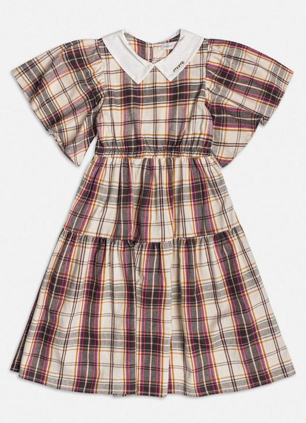 Momi - Vestido Infantil Soltinho Xadrez Golinha Bege