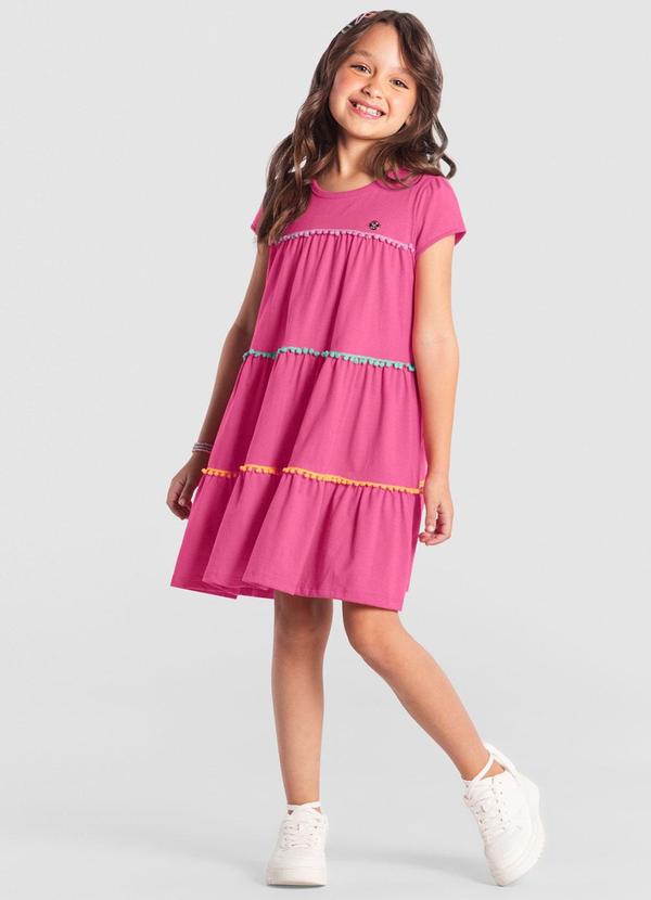 Brandili - Vestido Infantil Três Marias com Pompons Rosa