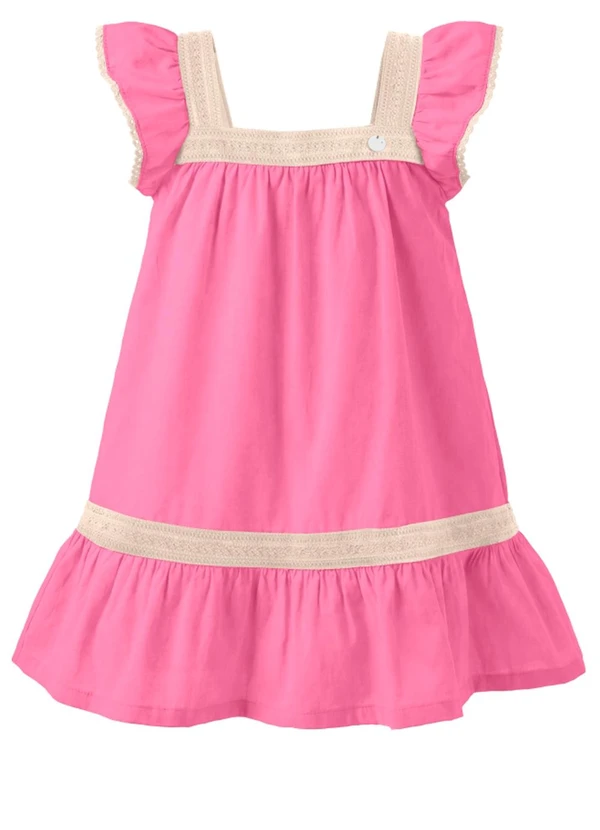 Mundi - Vestido Infantil Tricoline com Renda Rosa