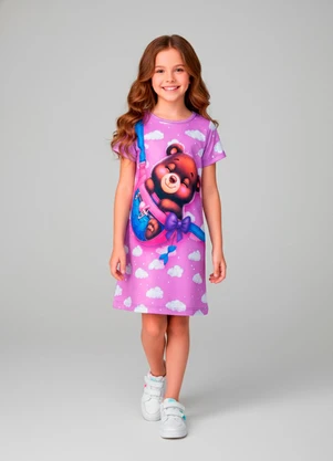 Laluna - Vestido Infantil Urso e Bolsa Lilás - LALUNA