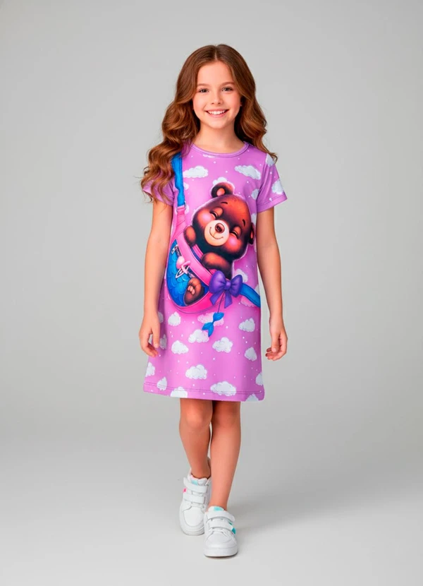 Laluna - Vestido Infantil Urso e Bolsa Lilás