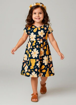 Kyly - Vestido Infatil Menina Flores Azul Marinho - KYLY