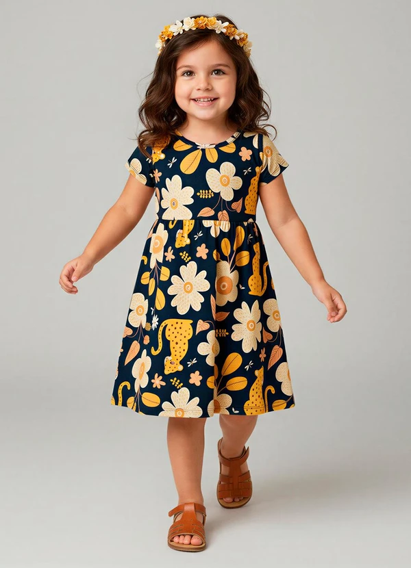 Kyly - Vestido Infatil Menina Flores Azul Marinho