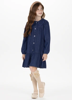 Alakazoo - Vestido Jeans Curto com Manga Longa Azul - ALAKAZOO