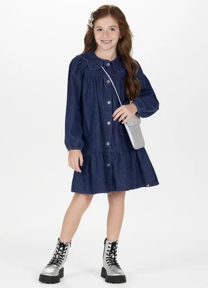 Alakazoo - Vestido Jeans Curto com Manga Longa Azul - ALAKAZOO