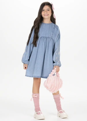 Alakazoo - Vestido Jeans Curto de Mangas Longas Azul - ALAKAZOO