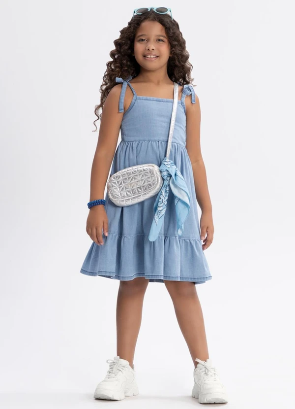 Alakazoo - Vestido Jeans Curto Infantil de Alças Azul 2