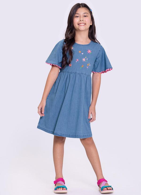 Alakazoo - Vestido Jeans Infantil Menina com Bordado Azul 1