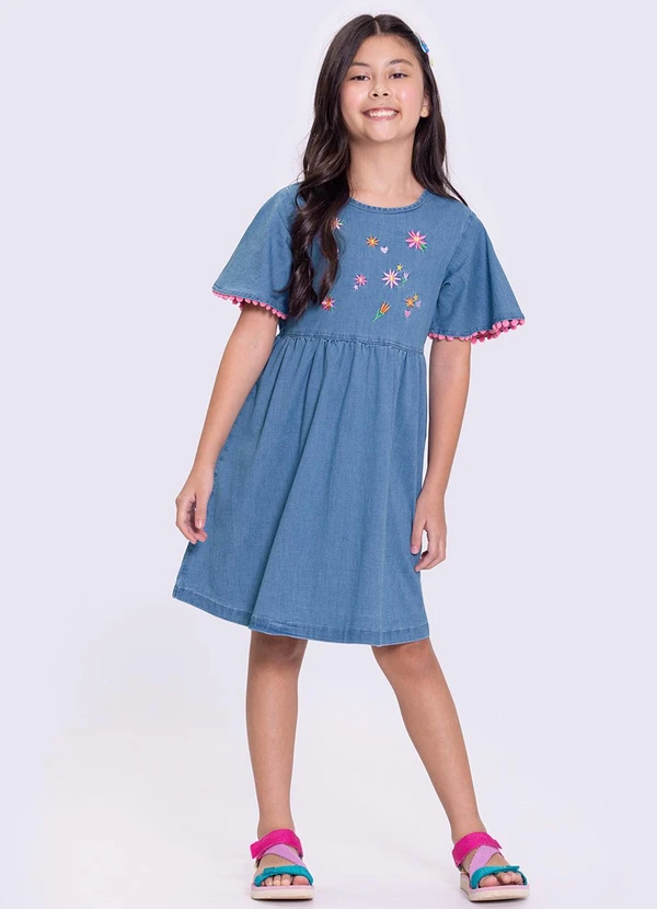 Vestido Jeans Infantil Menina com Bordado Azul Alakazoo