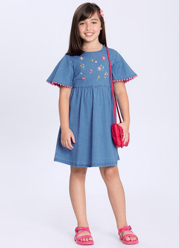 Alakazoo - Vestido Jeans Infantil Menina com Bordado Azul 3
