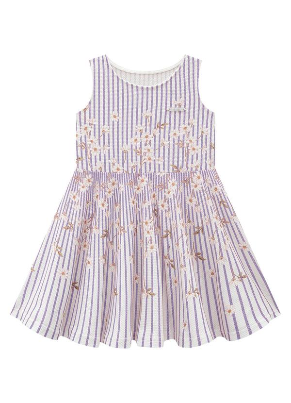 Carinhoso - Vestido Lilás Godê Listrado em Malha Texturizada