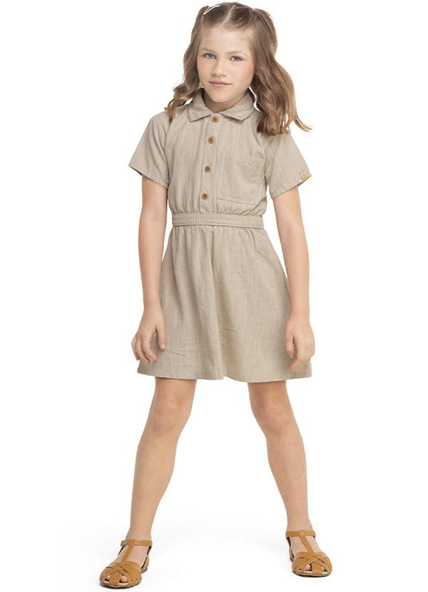 Marisol - Vestido Linho Manga Curta Infantil Feminino Bege