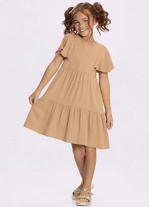 Alakazoo - Vestido Liso com Babados e Mangas Curtas Bege - ALAKAZOO