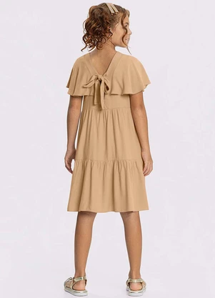 Alakazoo - Vestido Liso com Babados e Mangas Curtas Bege - ALAKAZOO