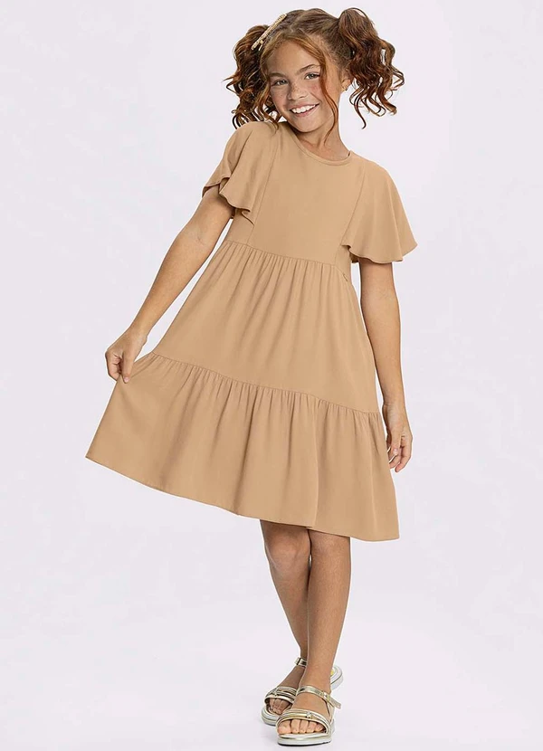 Alakazoo - Vestido Liso com Babados e Mangas Curtas Bege