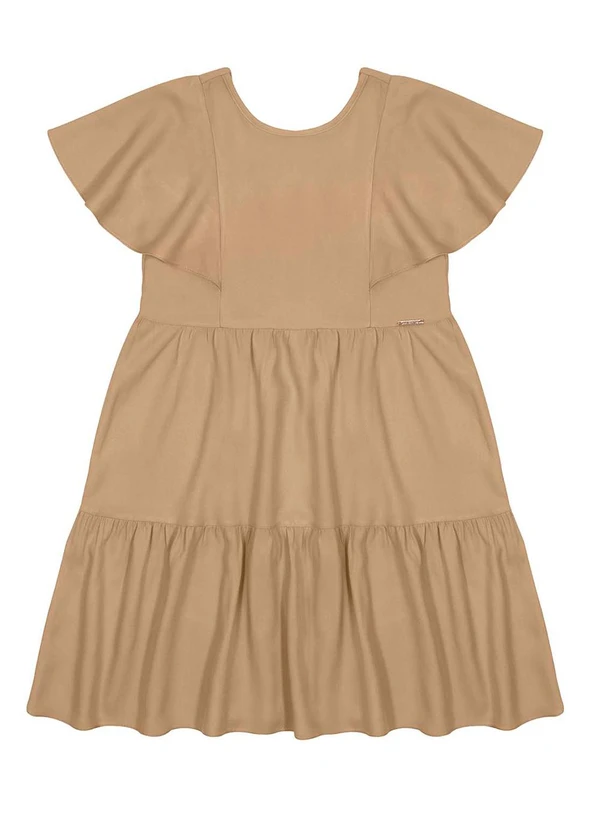 Alakazoo - Vestido Liso com Babados e Mangas Curtas Bege 3