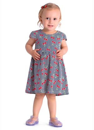 Duduka - Vestido Listrada Cereja Manga Copinho Azul  - DUDUKA