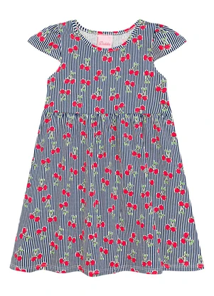Duduka - Vestido Listrada Cereja Manga Copinho Azul  - DUDUKA