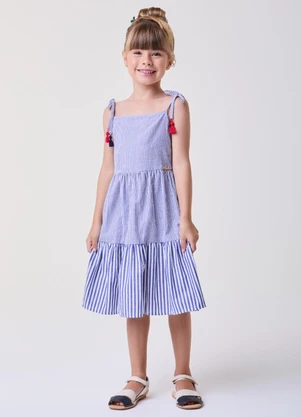 Bimbi - Vestido Listrado com Barbicachos na Alça Azul - BIMBI