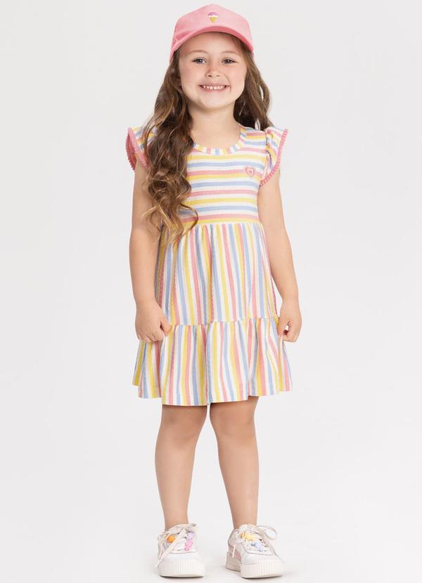 Alakazoo - Vestido Listrado com e Bordado Rosa