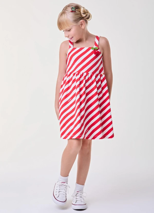 Bimbi - Vestido Listrado com Patch de Cerejas Off White