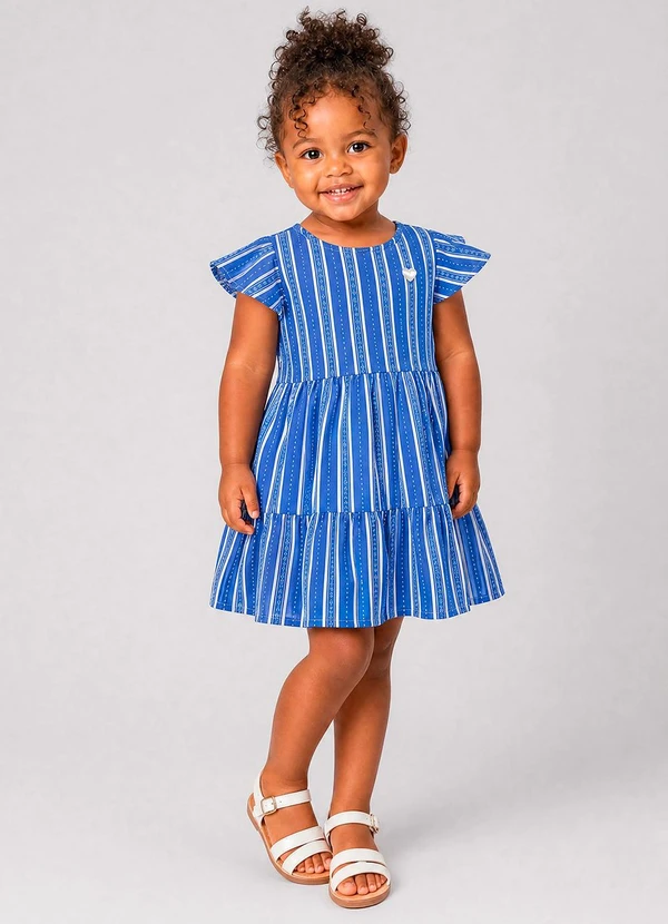 Marlan - Vestido Listrado com Saia em Camadas Azul