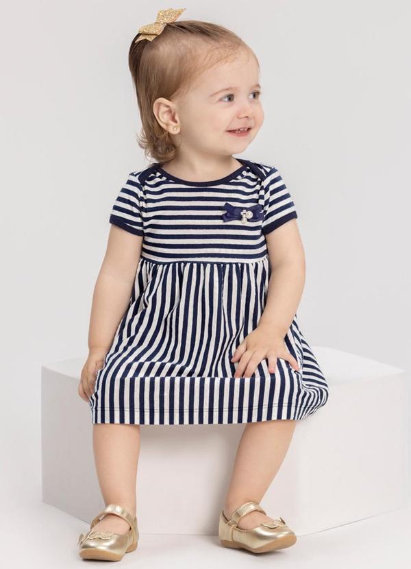 Alakazoo - Vestido Listrado de Mangas Curtas com Laço Azul
