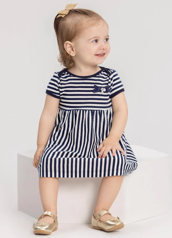 Alakazoo - Vestido Listrado de Mangas Curtas com Laço Azul