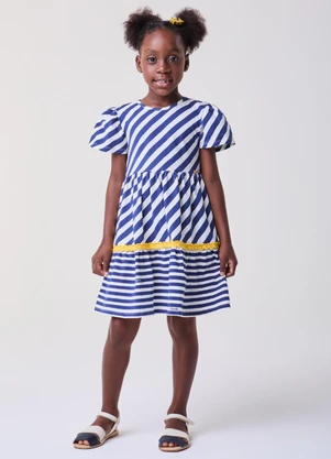 Bimbi - Vestido Listrado Marinho com Sianinha Off White - BIMBI