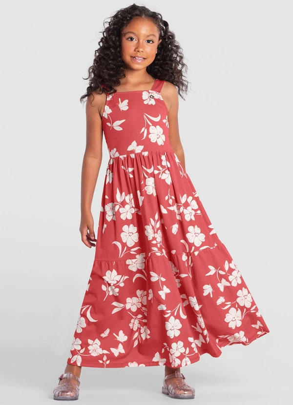 Brandili Vestido Longo Infantil Menina de Flores Vermelho