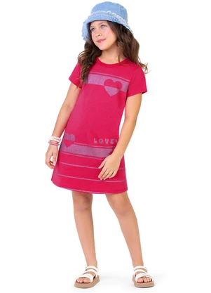Outlet - Vestido Lovely com Corações Menina Rosa  - OUTLET