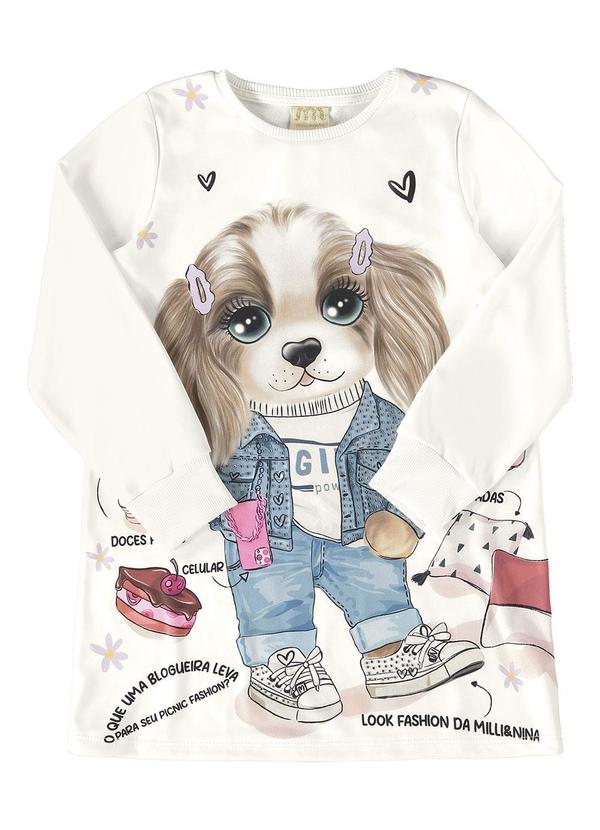 Milli e Nina - Vestido Malha Sport Felpada Cachorrinho Bege