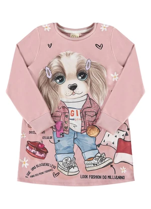 Milli e Nina - Vestido Malha Sport Felpada Cachorrinho Rosa - MILLI E NINA