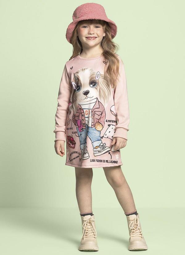 Milli e Nina - Vestido Malha Sport Felpada Cachorrinho Rosa