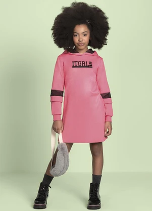 Milli e Nina - Vestido Malha Sport Felpada com Capuz Girl Rosa - MILLI E NINA